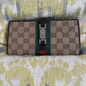 💯Auth Gucci GG Monogram Bifold Long Wallet Crackled Leather Great Condition